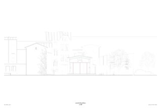 Architektonische Ansichtszeichnung mehrerer miteinander verbundener Gebäude und Bäume, die detaillierte Fassaden und Umrisse in einem minimalistischen Linienstil zeigt.