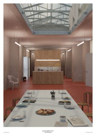 Ein moderner Essbereich mit einem langen Tisch, an dem das Frühstück mit Gebäck und Kaffee serviert wird, unter einem Oberlicht mit einer minimalistischen Küche im Hintergrund.