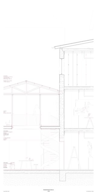 Architektonische Schnittzeichnung, die einen Querschnitt eines zweistöckigen Gebäudes mit detaillierten Strukturelementen, Innenräumen und menschlichen Figuren als Maßstab zeigt.