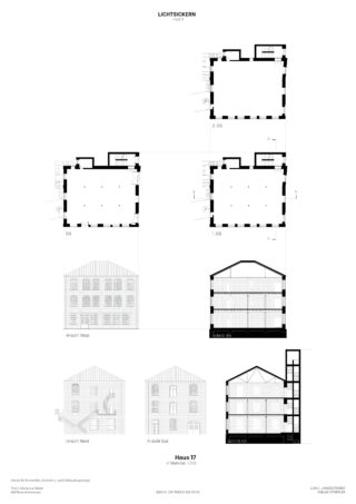 Architekturzeichnung mit Grundrissen, Aufrissen und Querschnitten eines mehrstöckigen Gebäudes mit der Bezeichnung Haus 17, einschließlich Ansichten und Grundrissdetails auf verschiedenen Ebenen.