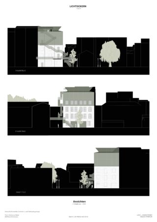 Architektonische Zeichnung, die drei Gebäudeansichten (Nord, West, Süd) zeigt, wobei der Schwerpunkt auf einem zentralen Bauwerk und den umgebenden abgedunkelten Gebäudeumrissen liegt.