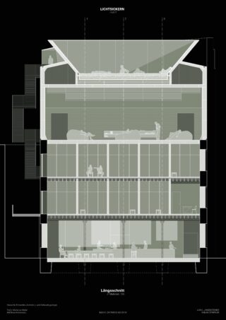 Architektonische Schnittzeichnung eines mehrstöckigen Gebäudes mit Innenräumen, Strukturelementen, Möbeln und Personen, die auf jeder Etage verschiedenen Tätigkeiten nachgehen.