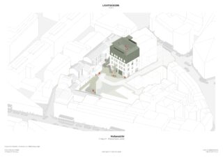 Axonometrisches architektonisches Rendering eines mehrstöckigen Gebäudes mit angrenzenden Freiflächen und Wegen, eingebettet in einen städtischen Kontext mit umliegenden Strukturen.
