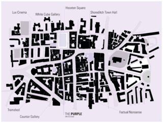 Schwarz-Weiß-Karte von Shoreditch mit Hervorhebung von Orten wie Lux Cinema, White Cube Gallery, Hoxton Square, Shoreditch Town Hall, Tramshed, Counter Gallery und Factual Nonsense.