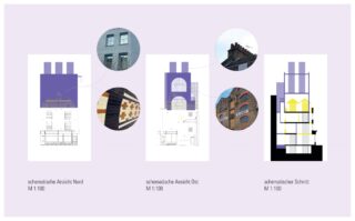 Drei schematische Architekturzeichnungen mit Gebäudedetails und entsprechenden Nahaufnahmen, die Fassadenmaterialien und Gestaltungselemente für Nord-, Ost- und Schnittansichten zeigen.