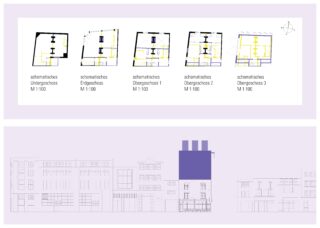 Eine Reihe von fünf architektonischen Grundrissen wird über einer Ansichtszeichnung von Gebäuden gezeigt, von denen eines lila hervorgehoben ist.