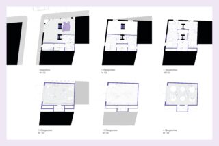 In zwei Reihen sind sechs architektonische Grundrisse dargestellt, die jeweils verschiedene Ebenen und Grundrisse eines Gebäudes mit unterschiedlichen Raumanordnungen und baulichen Details zeigen.