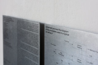 Nahaufnahme von zwei Metalltafeln an einer Wand; die rechte Tafel zeigt ein schematisches Prozessablaufdiagramm für eine typische Ölraffinerie.