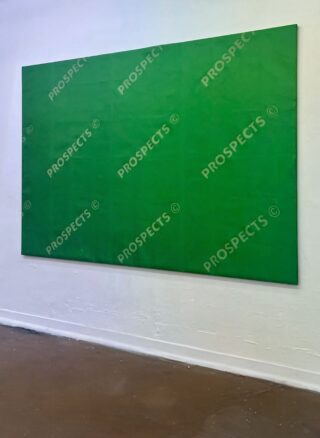 Eine große grüne rechteckige Leinwand hängt an einer weißen Wand über einem braunen Boden.