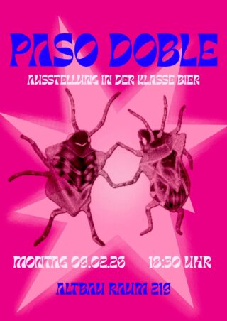 Hellrosa Plakat mit zwei schwarz-weißen Insekten, stilisiertem Text 