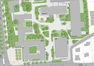 Ein Lageplan mit mehreren gekennzeichneten Gebäuden (Neubau 1, Altbau, BIZ, Neubau 2), Wegen, Grünflächen und umliegenden Straßen.