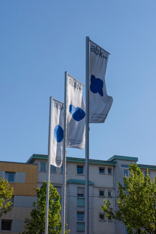 Drei weiße Fahnen mit blauen Symbolen und dem Text 