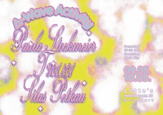 Veranstaltungsflyer mit pastellrosa und gelbem Hintergrund, mit Text über 