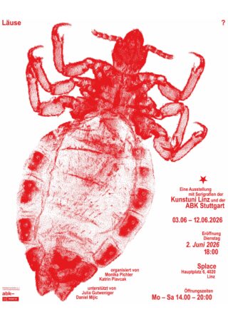 Rote monochrome Illustration einer Laus mit deutschem Text, der über eine Kunstausstellung in Stuttgart informiert, einschließlich Daten, Zeiten, Ort und Informationen zum Veranstalter.