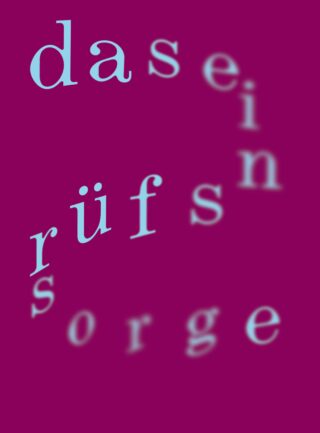 Hellblaue deutsche Wörter in klaren und verschwommenen Buchstaben auf magentafarbenem Hintergrund, darunter 