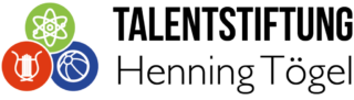 Logo für die „TALENTSTIFTUNG Henning Tögel“ mit Symbolen für Wissenschaft, Musik und Sport in grünen, roten und blauen Kreisen.