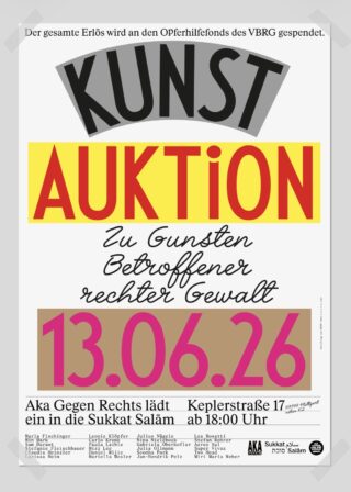 Werbeplakat für eine Kunstauktion am 13. Juni 2026 zugunsten von Opfern rechter Gewalt, die im Sukkot Salam, Keplerstraße 17, ab 18:00 Uhr stattfindet.