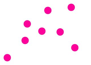 Sieben gleichgroße, leuchtend rosa Kreise sind unregelmäßig auf weißem Hintergrund angeordnet.