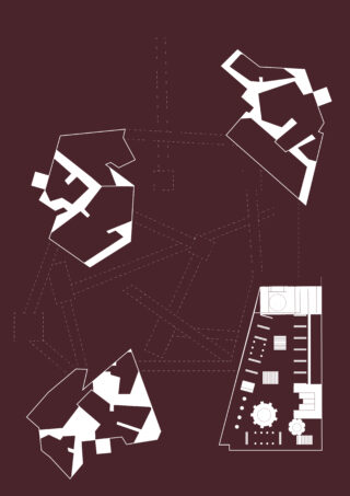 Diagramm mit vier weißen, geometrischen Gebäudegrundrissen, die durch gestrichelte Linien auf einem einheitlich kastanienbraunen Hintergrund miteinander verbunden sind; unten rechts sind detaillierte mechanische oder technische Elemente dargestellt.