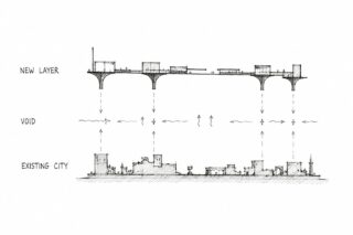 Ein Diagramm zeigt eine neue architektonische Ebene, die über einer bestehenden Stadt schwebt und durch einen Hohlraum von dieser getrennt ist, wobei Pfeile die räumliche Beziehung zwischen beiden verdeutlichen.