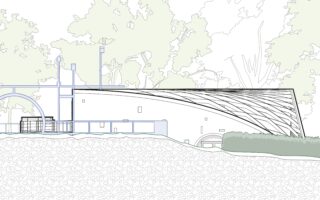 Architekturansicht eines modernen Gebäudes mit geschwungenem Dach, umrissenen Bäumen im Hintergrund und einem gemusterten Boden im Vordergrund.