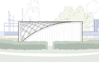 Architekturzeichnung eines modernen Gebäudes mit einem geschwungenen Gitterdach, vertikalen Wandpaneelen, Sträuchern im Vordergrund und Bäumen im Hintergrund.