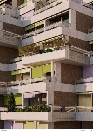Fassade eines modernen Wohnblocks mit bepflanzten Balkonen, bunten Jalousien und Betondetails im Sonnenlicht.