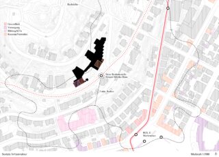 Karte, auf der ein zentrales Gebäude in Schwarz dargestellt ist, beschriftet mit „Neue Bauabteilung Eduard-Morelta-Haus“, mit den umliegenden Straßen, einer Bushaltestelle, Sehenswürdigkeiten und einem markierten Umkreis von 5 Minuten zu Fuß.
