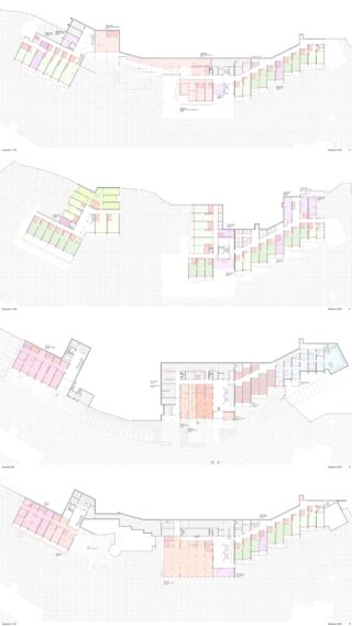 Vier architektonische Grundrisse mit farbcodierten Räumen sind vertikal angeordnet und jeweils mit der jeweiligen Etage beschriftet. Die Grundrisse zeigen verschiedene Raumaufteilungen und die Verkehrswege im Gebäude.