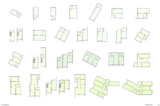 Ein Raster aus 25 architektonischen Grundrissen mit jeweils unterschiedlichen Layouts und Raumaufteilungen, dargestellt auf weißem Hintergrund.