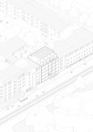 Axonometrische Strichzeichnung eines Stadtblocks mit mehrstöckigen Gebäuden, einer Straße mit Autos, einer Straßenbahnlinie, Bäumen sowie Menschen in Innenhöfen und auf Balkonen.