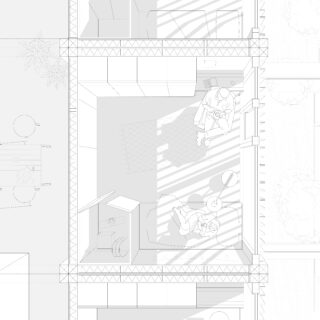 Schwarz-weißer architektonischer Grundriss, auf dem zwei Personen in einem Raum zu sehen sind: Eine sitzt an einem Schreibtisch, die andere liegt auf einem Bett, wobei die Fensterlamellen Schatten werfen.