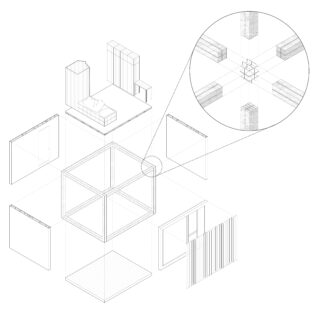 Axonometrische Explosionsdarstellung eines modularen Gebäudes mit einer vergrößerten Detailansicht, die die Verbindung der Bauteile an einer Fuge zeigt.