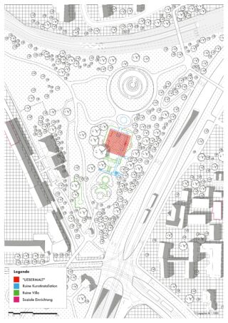 Lageplan eines Stadtgebiets mit eingezeichneten Gebäuden, Straßen, Bäumen und Wegen; die Legende kennzeichnet Kunstinstallationen, Villenruinen und soziale Einrichtungen anhand von Farbcodes.