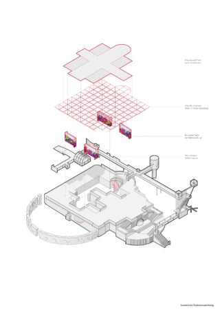 Aufgeschlüsseltes axonometrisches Diagramm eines Gebäudegeschosses, das beschriftete Schichten wie Dachkonstruktion, Dachgitter, Informationstafeln und Bauteile zeigt.