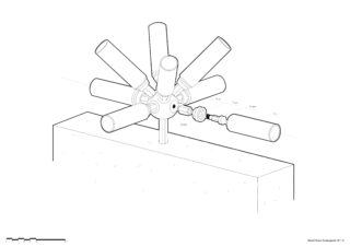 Technische Zeichnung, die ein mehrarmiges mechanisches Gelenk mit zylindrischen Verbindungsstücken zeigt, die auf einer rechteckigen Grundplatte montiert sind; die Zeichnung enthält Beschriftungen für Schrauben, Distanzstücke und andere Bauteile.