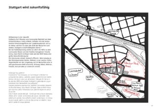 Handgezeichnete Karte des Cannstatter Wasen-Gebiets in Stuttgart, auf der Sehenswürdigkeiten wie die Mercedes-Benz Arena, das Einkaufszentrum, Parks und Hauptstraßen mit deutschen Bezeichnungen gekennzeichnet sind.