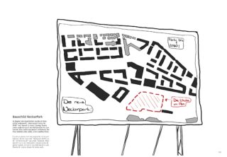 Eine handgezeichnete Karte auf einer Staffelei zeigt den Grundriss des NeckarPark-Geländes, wobei „Die Lücke im Park“ rot hervorgehoben ist und mit Beschriftungen sowie handschriftlichen Notizen auf Deutsch zu künftigen Bauvorhaben versehen ist.