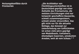 Ein weißer deutscher Text auf dunklem Hintergrund befasst sich mit dem vorübergehenden und provisorischen Charakter von Flüchtlingsunterkünften in Deutschland, darunter Modulbauten und Container.