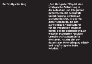 Screenshot eines deutschen Textes, in dem der „Stuttgarter Weg“ beschrieben wird, eine Strategie zur Unterbringung und Integration von Flüchtlingen durch dezentrale Unterbringung in verschiedenen Stadtteilen.