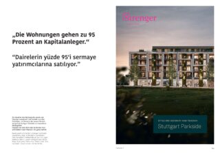 Anzeige für „Stuttgart Parkside“, die ein modernes Wohnhochhaus zeigt und in der in deutscher und türkischer Sprache darauf hingewiesen wird, dass 95 % der Wohnungen an Investoren verkauft wurden.