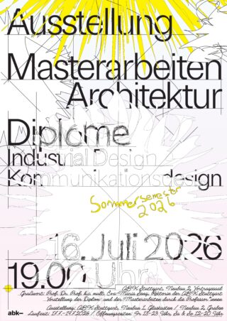 Plakat für eine Ausstellung von Masterarbeiten in den Bereichen Architektur, Industriedesign und Kommunikationsdesign am 16. Juli 2026 um 19:00 Uhr, mit einer gelben Sonnengrafik oben rechts.