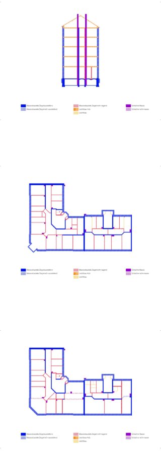 Drei farbcodierte architektonische Grundrisse zeigen verschiedene Raumaufteilungen und Schnitte, wobei vertikale und horizontale Treppen sowie Fluchtwege hervorgehoben sind.
