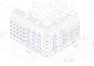 Isometrische Architekturzeichnung eines mehrstöckigen Gebäudes mit Sonnenkollektoren auf dem Dach, Balkonen an einer Fassade, Bäumen in der Umgebung und Autos auf den angrenzenden Straßen.