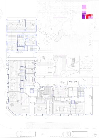 Architekturgrundriss, der mehrere Räume, Arbeitsbereiche und Außenbereiche zeigt, wobei ein Bereich in der rechten oberen Ecke in Rosa und Lila hervorgehoben ist.