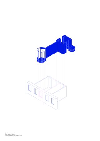 Die isometrische Zeichnung zeigt eine blaue geometrische Struktur über einer Gebäudefassade im Drahtgittermodell, wobei dünne Linien beide Elemente miteinander verbinden, was auf eine architektonische Umgestaltung oder Montage hindeutet.
