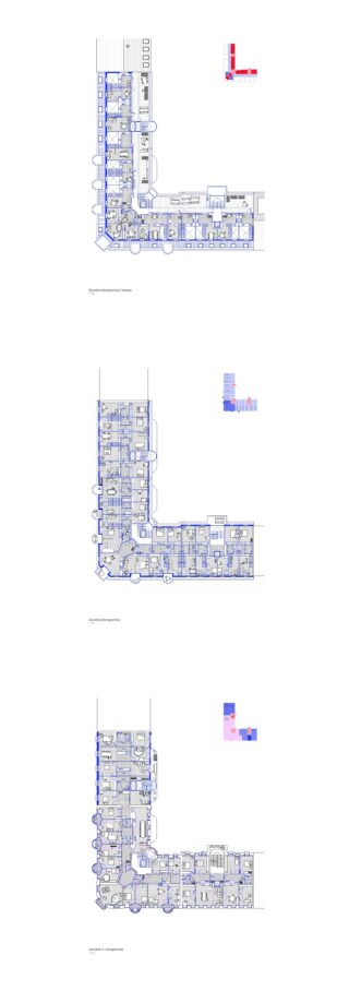 Drei architektonische Grundrisse sind vertikal angeordnet; jeder zeigt eine andere Gebäudeebene mit detaillierten Raumaufteilungen und einem rot und blau hervorgehobenen Ausschnitt oben rechts auf jedem Grundriss.