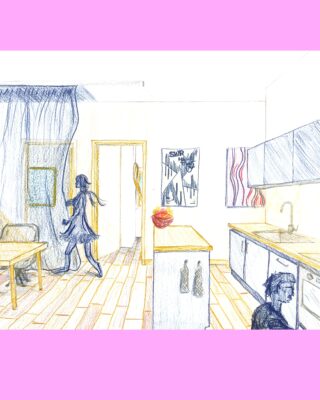 Eine Person geht durch ein Wohnzimmer, in dem ein Sofa und ein Tisch stehen; eine andere Person sitzt auf dem Küchenboden. An den Wänden hängen Bilder; auf der Arbeitsplatte steht eine Schale mit Obst. Die Szene ist mit Buntstiften gezeichnet.