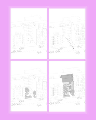 Vierteilige architektonische Darstellung, die den Umbau einer Gebäudefassade, den Abriss von Bauwerken, die Anpflanzung von Bäumen und den daraus entstehenden offenen Innenhof mit einsehbaren Innenräumen zeigt.