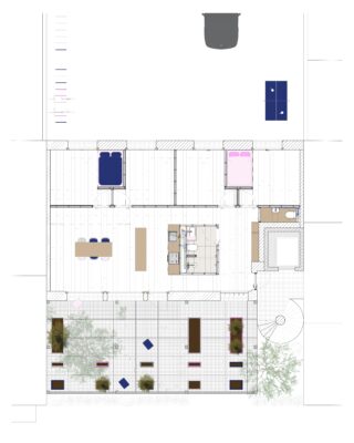 Architekturgrundriss einer Wohnung mit zwei Schlafzimmern, einer Küche, einem Essbereich und einer Terrasse mit Pflanzen und Sitzgelegenheiten; außerdem sind eine Einfahrt und eine Tischtennisanlage zu sehen.